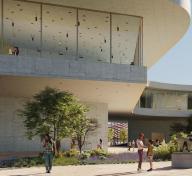 Rendering of gray galleries with visitors, art, and landscaping in the foreground