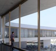 Rendering of gallery with floor-to-ceiling glass walls with a person looking out
