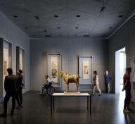 Rendering of interior of gray gallery with Asian sculpture and scrolls with visitors