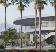 Rendering of exterior of museum building with palm trees and streetscape