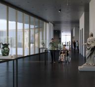 Rendering of gallery, one side of which is floor-to-ceiling glass, with vessels in vitrines and a sculpture of a woman with visitors