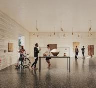 Interior gallery rendering with visitors viewing art