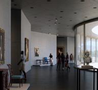 Gallery with art and floor to ceiling windows on the right