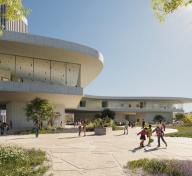 Rendering of museum gallery building with visitors outside