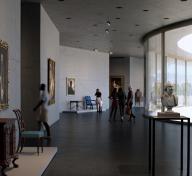 Rendering of gallery with floor to ceiling glass windows on the right filled with art and visitors