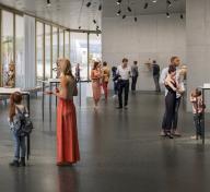 Rendering of visitors in gallery with art