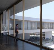 Rendering of a person looking out floor to ceiling windows of an art museum