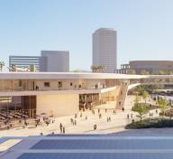 Rendering of exterior view of building, with people in the plaza