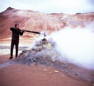 Curtis Tamm recording a fumarole in East Iceland for The Viscous Shape; photograph by collaborator Hemione Spriggs, 2016